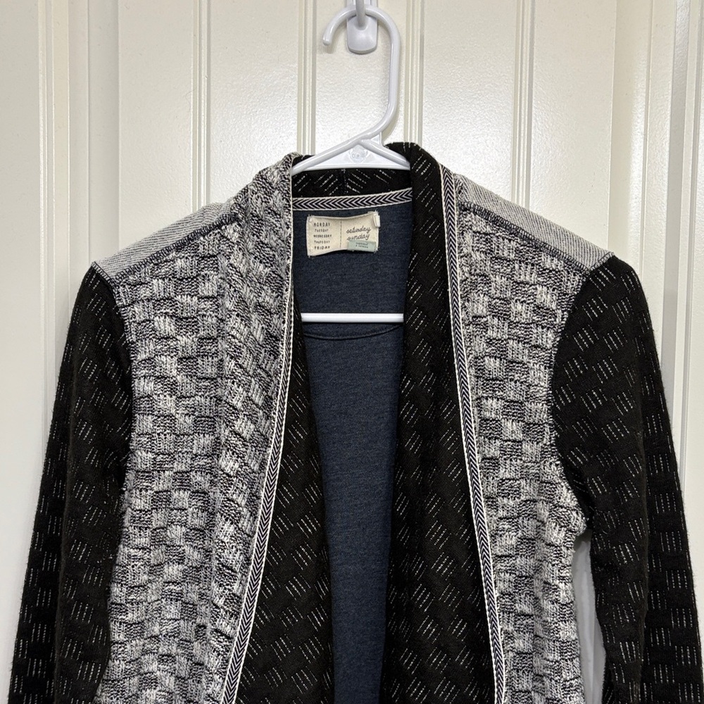 Anthropologie Saturday Sunday Black and Gray Patterned Open Front Cardigan - Picture 2 of 13